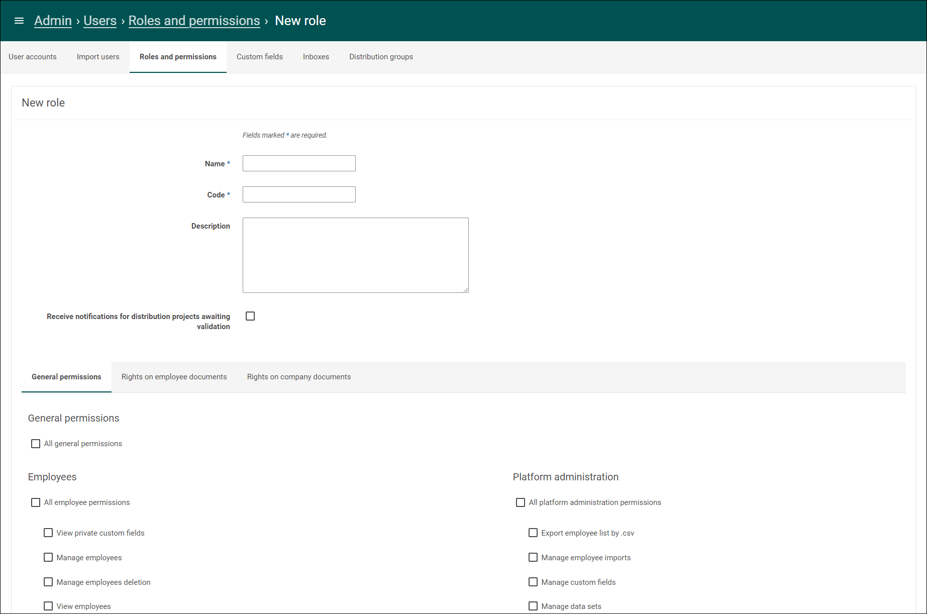 Screenshot of Document Manager interface on the new role page illustrating the required Name and Code fields, the permissions settings, and rights on employee and company documents.